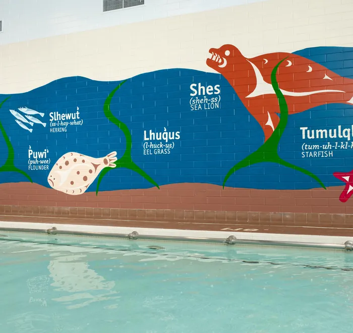 Pool mural with Coast Salish language wayfinding